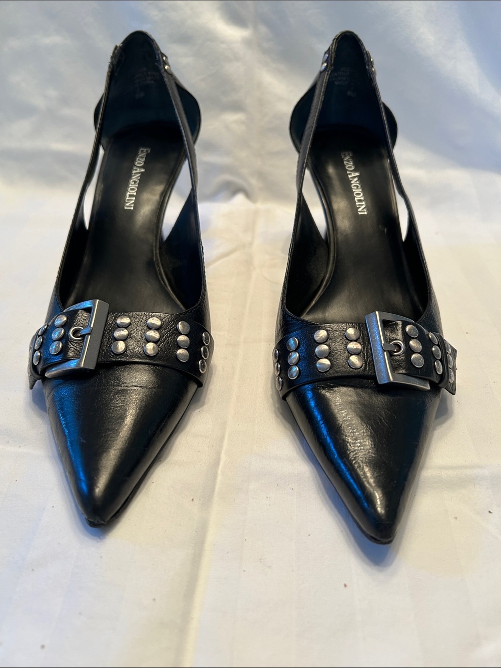 Enzo Angiolini Black Studded Pointed-Toe Slingback Heels